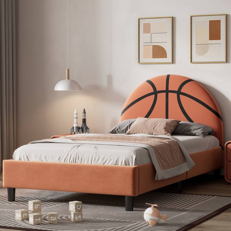 Basketball Design headboard Upholstered Twin Platform Bed by Harper&Bright Designs - Orange