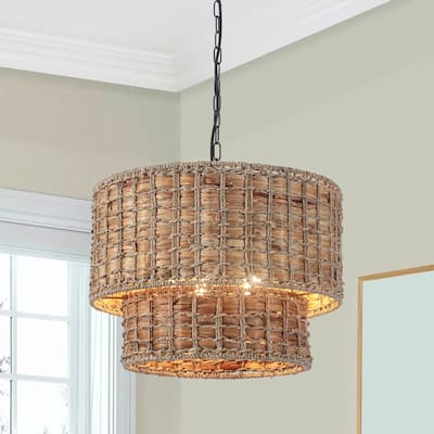 5-Light Farmhouse 2-Tier Candlestick Hanging Linear Chandelier Lighting with Rattan Cover for Dining Room Kitchen Island