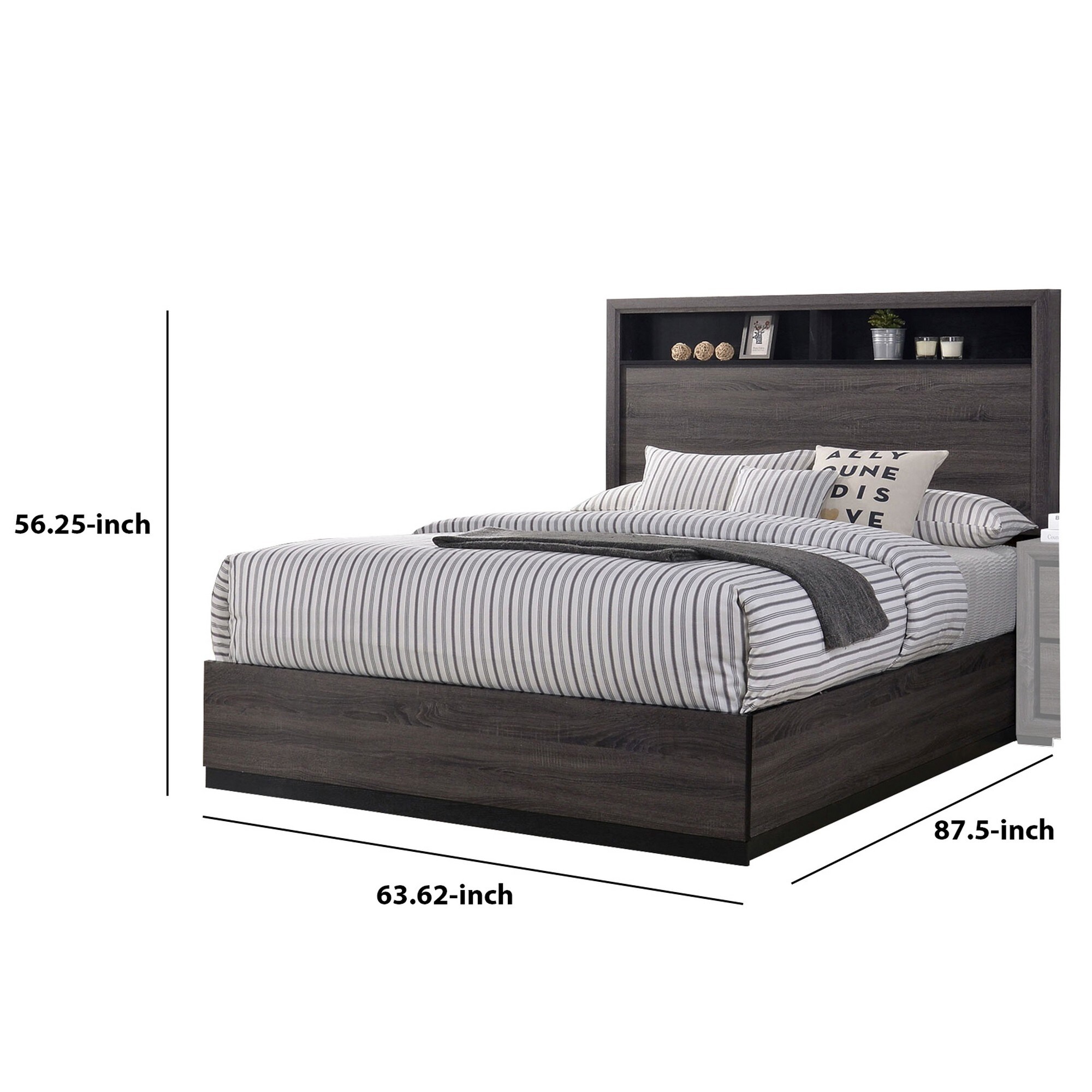 Transitional Wooden Queen Size Platform Bed with Bookcase 