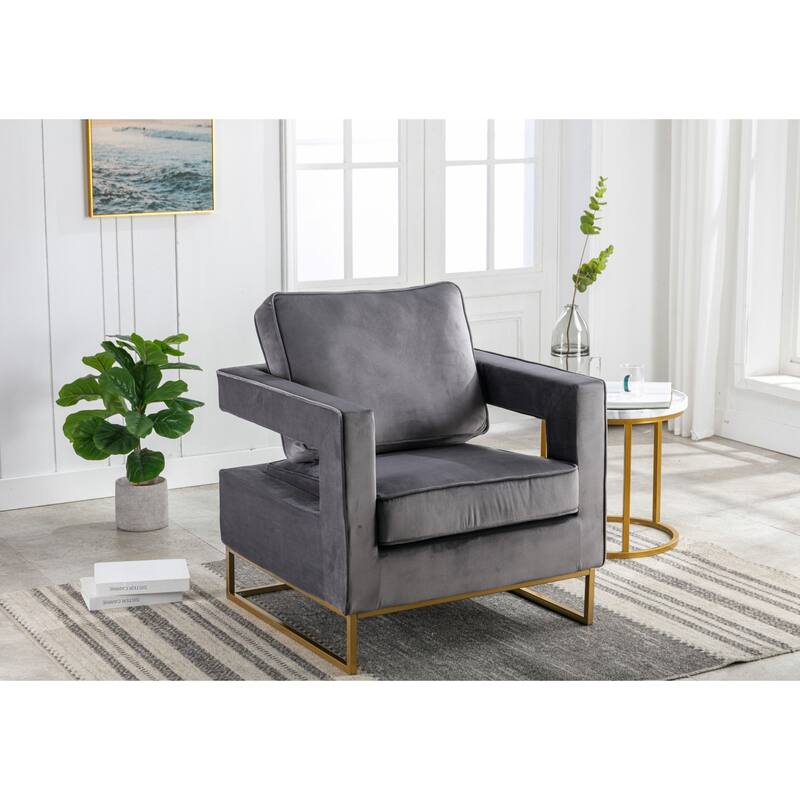Upholstered Velvet Armchair With Steel Base - 35.5" - Gray