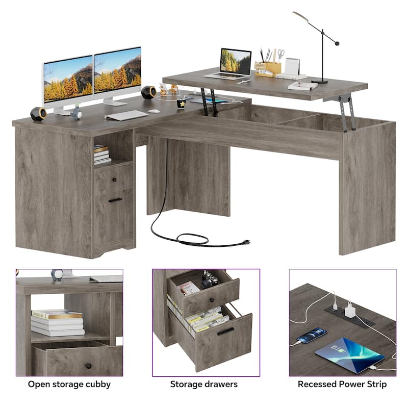 Modern Farmhouse Lift Top L-Shaped Desk with Charge Station, Corner Desk with File Drawers for Home Office