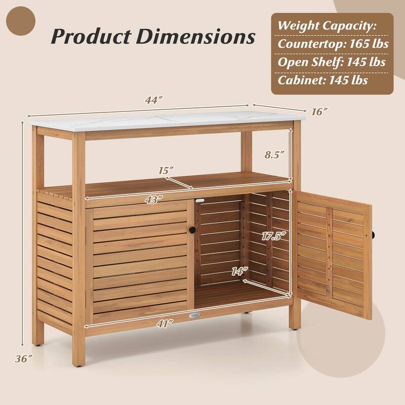 Costway Patio Wood Storage Cabinet with Marble-Like Countertop, Open - See Details