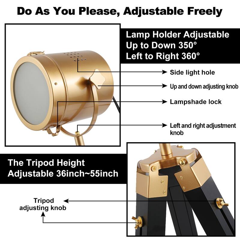 Modern industrial adjustable tripod floor lamp,vintage gold brass standing reading light floor lamp for living room
