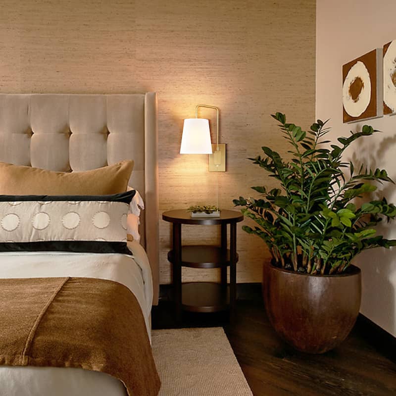 Culara Brass Wall Sconce , Fabric Shade, Plug in & Hardwired , Set of 2 Sconces