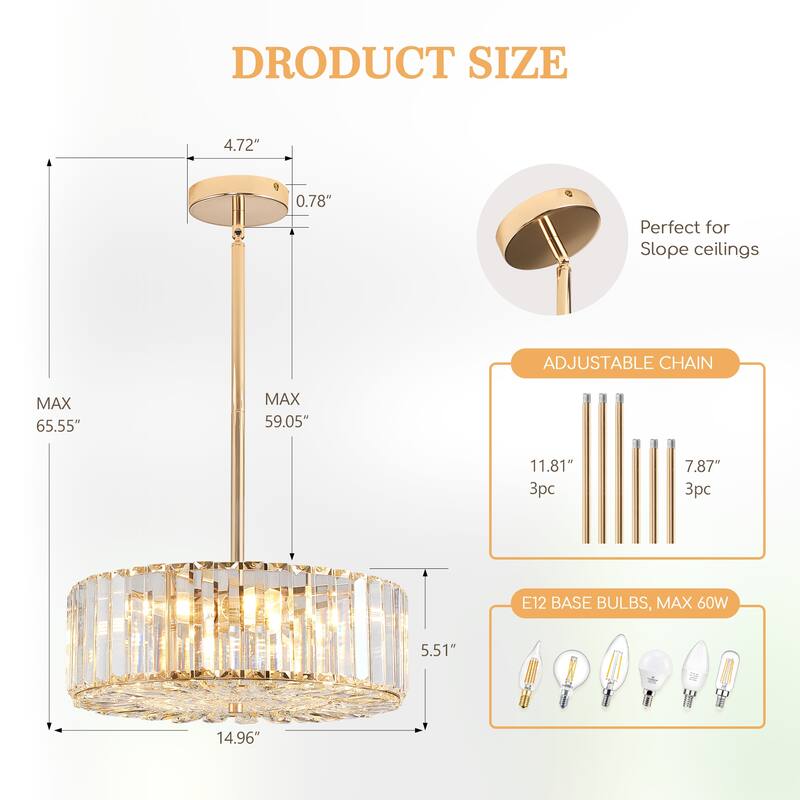 4 Lights Modern Crystal Chandelier Gold Round Semi Flush Mount Ceiling Light Fixture Farmhouse Chandelier