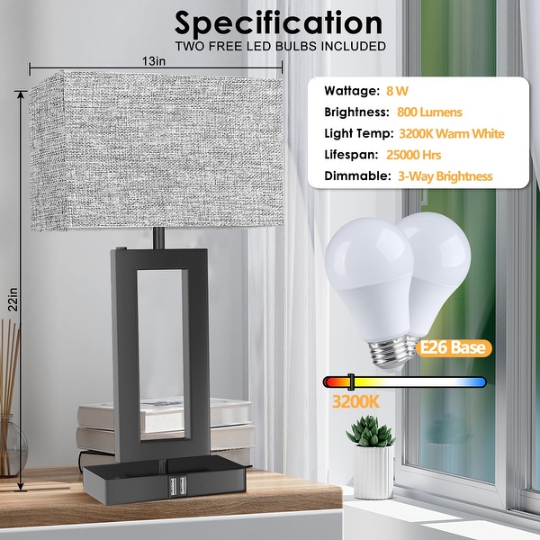 22 Large Lamps for Bedroom Set of 2 Touch Control Table Lamp for Living Room 3 Way Dimmable Modern Lamps w 2 USB Port Grey