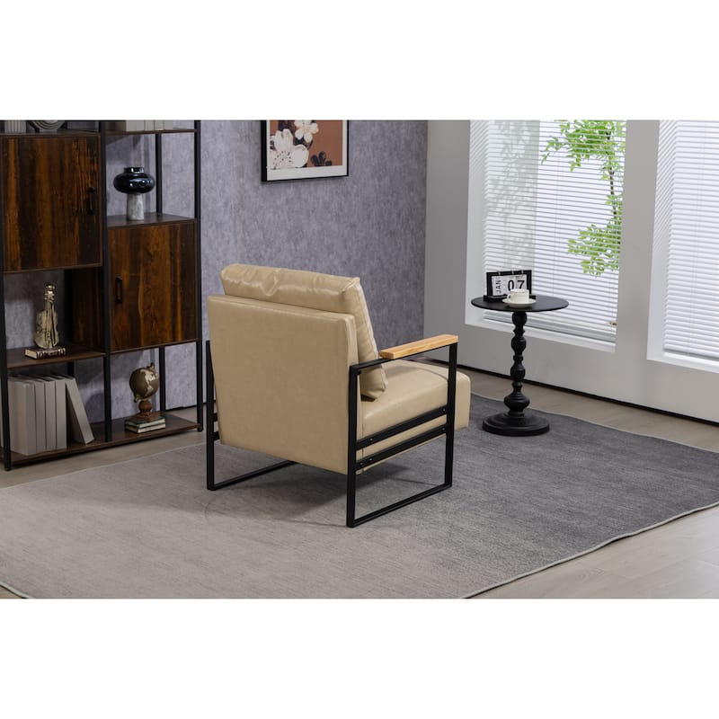 Khaki PU Modern PU Upholstered Accent Chair with Sturdy Metal Frame and Waist Cushion