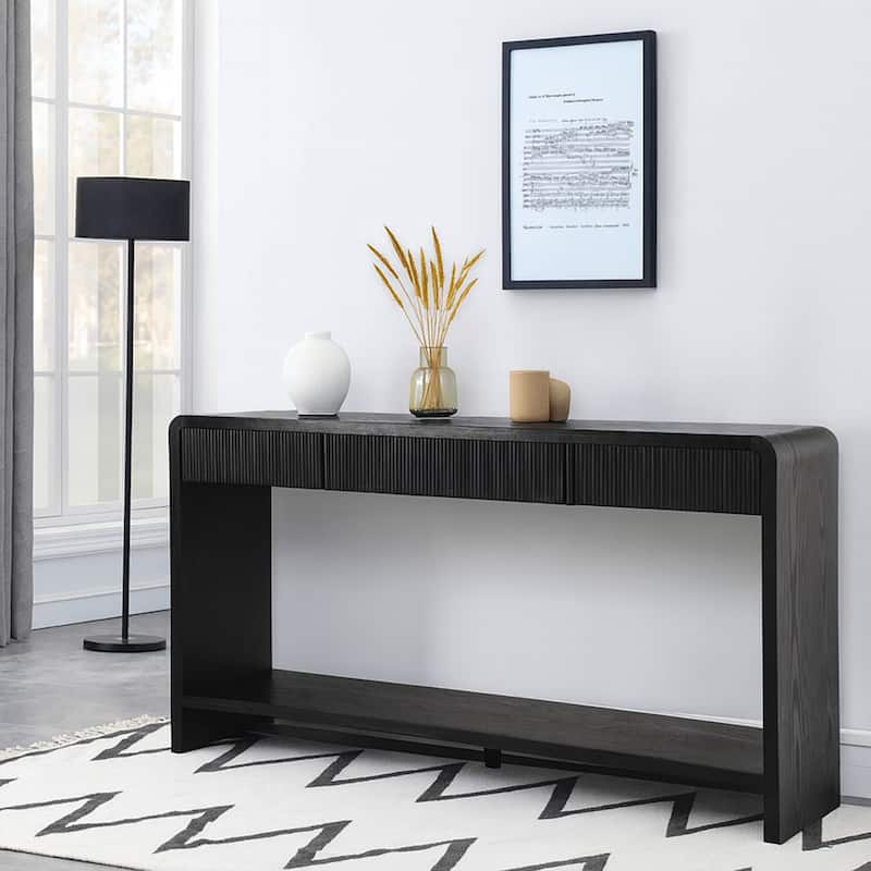 Modern Wooden Living Room Console Table Entryway Table with 3 Drawers and a Bottom Shelf - Black