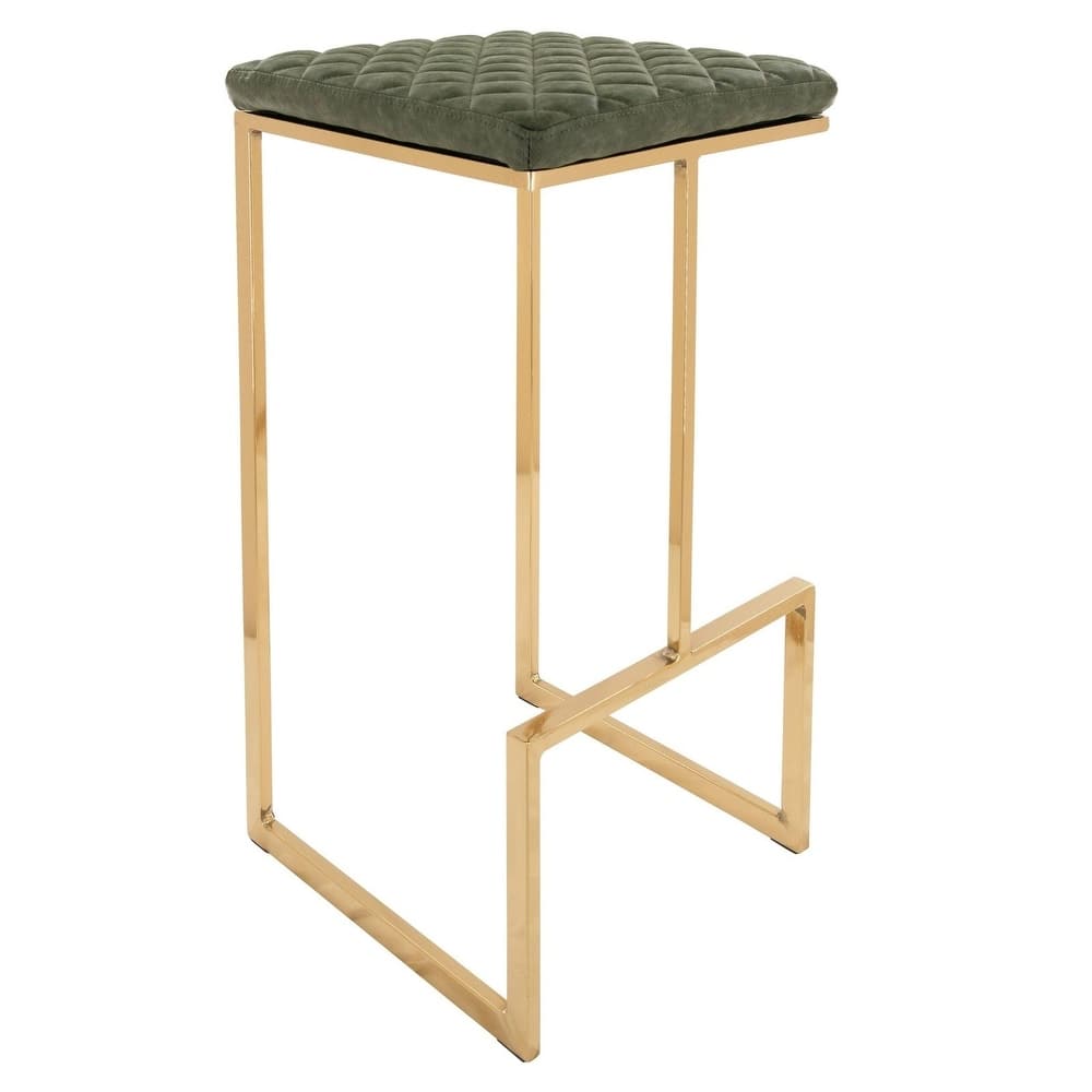 Quincy Modern Leather Barstool with Upholstered Square Seats in Gold Metal & Footrest for Home Bar & Kitchen Counter