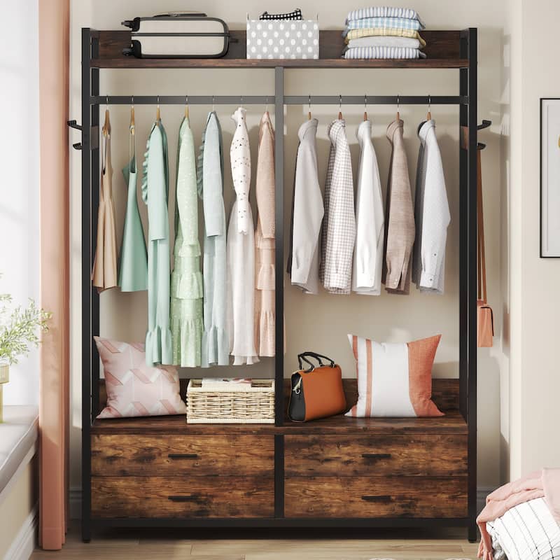 Freestanding Closet Organizer, Clothing Rack with 4 Drawers, 8 Hooks and Storage Shelves - Grey