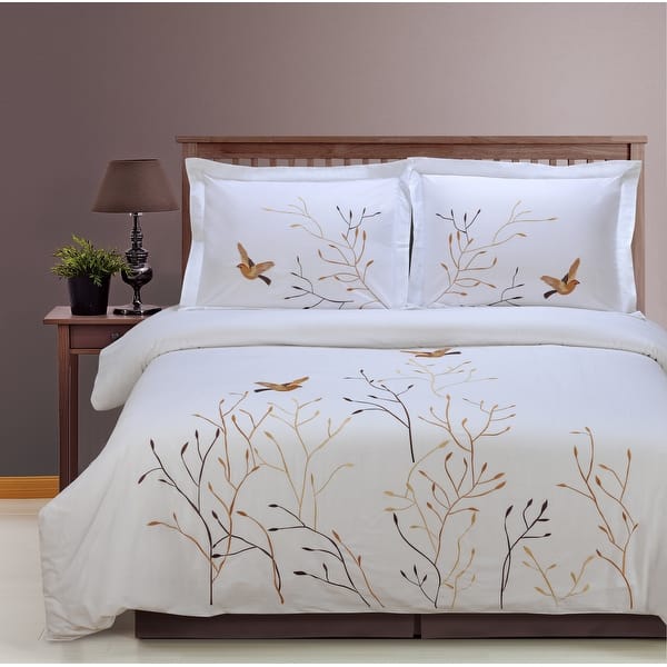 slide 5 of 5, Superior Swallow 3-piece Embroidered Cotton Duvet Cover Set Brown - King