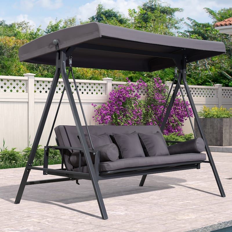 PURPLE LEAF 3-seat Outdoor Patio Porch Swing Adjustable Backrest, Cushions and Pillow Included - Grey(Adjustable Backrest)