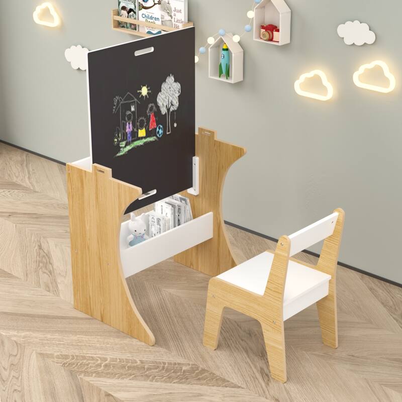 Kids Table Set With One Chair,Multifunctional Wooden Children Study Table-Convertible Tabletop For Study - White