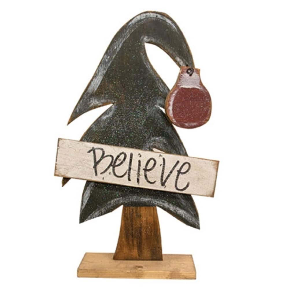 Believe Wooden Christmas Tree on Base Rustic Farmhouse Holiday Decor - 25.25” high by 15.5” wide by 5.5” deep