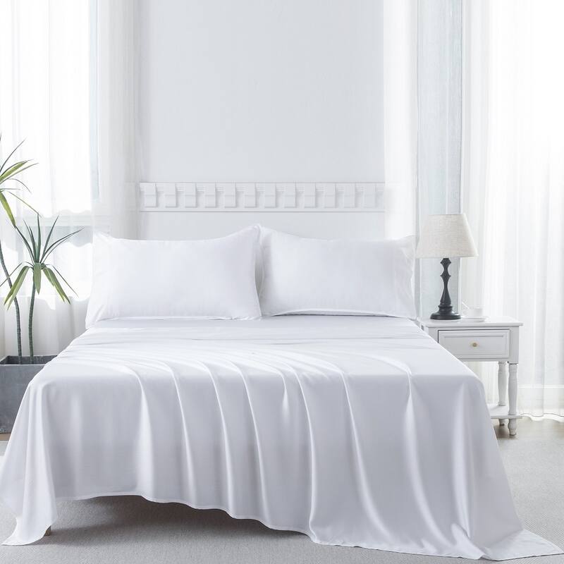 400TC Cooling Sheet Set, Sateen Weave 4 Piece Bedding with 16 Inch Deep Pocket Fitted Sheet - White - Cal King