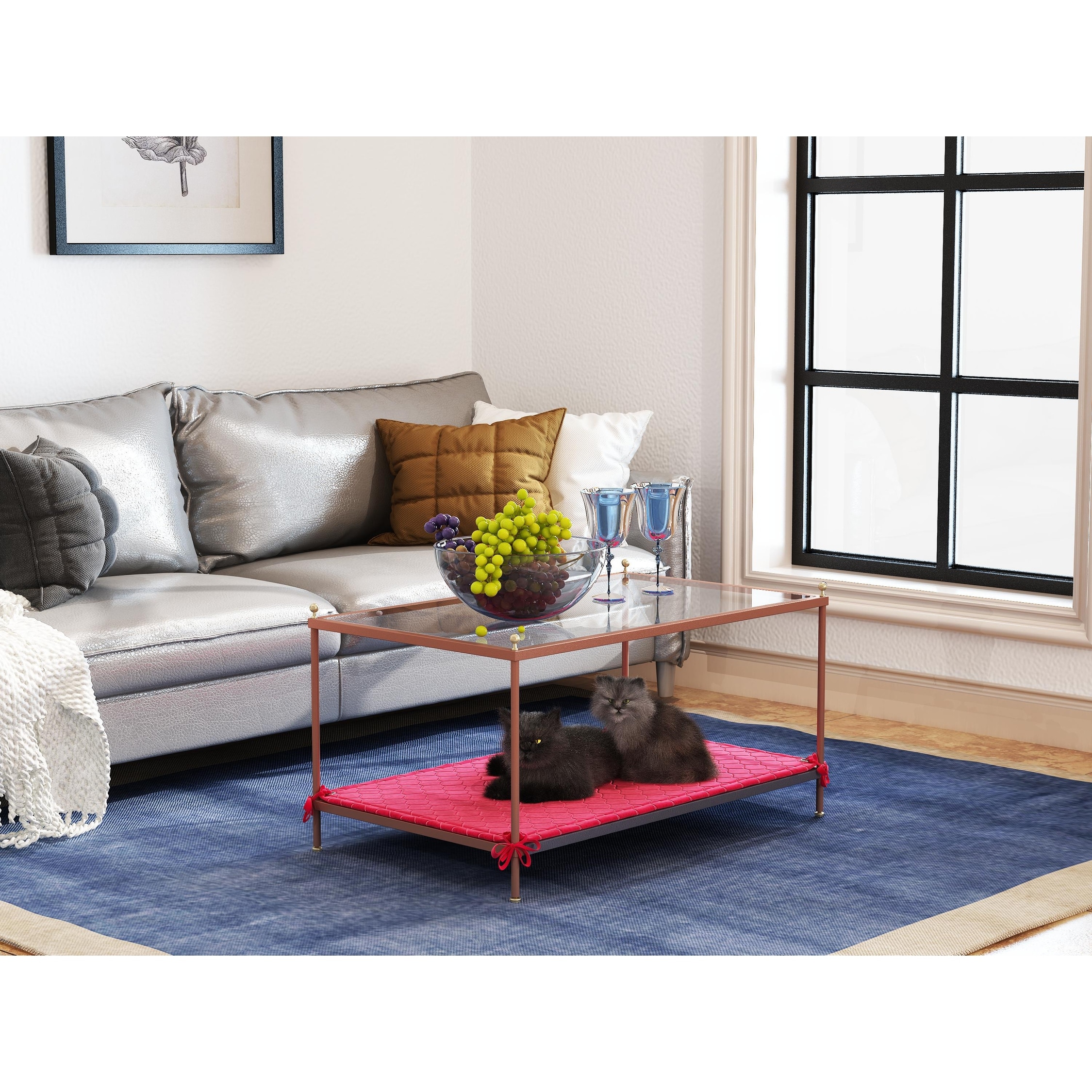 coffee table share with pets, Net cloth tempered glass tabletop coffee table,multi-function minimalist creative metal tea table