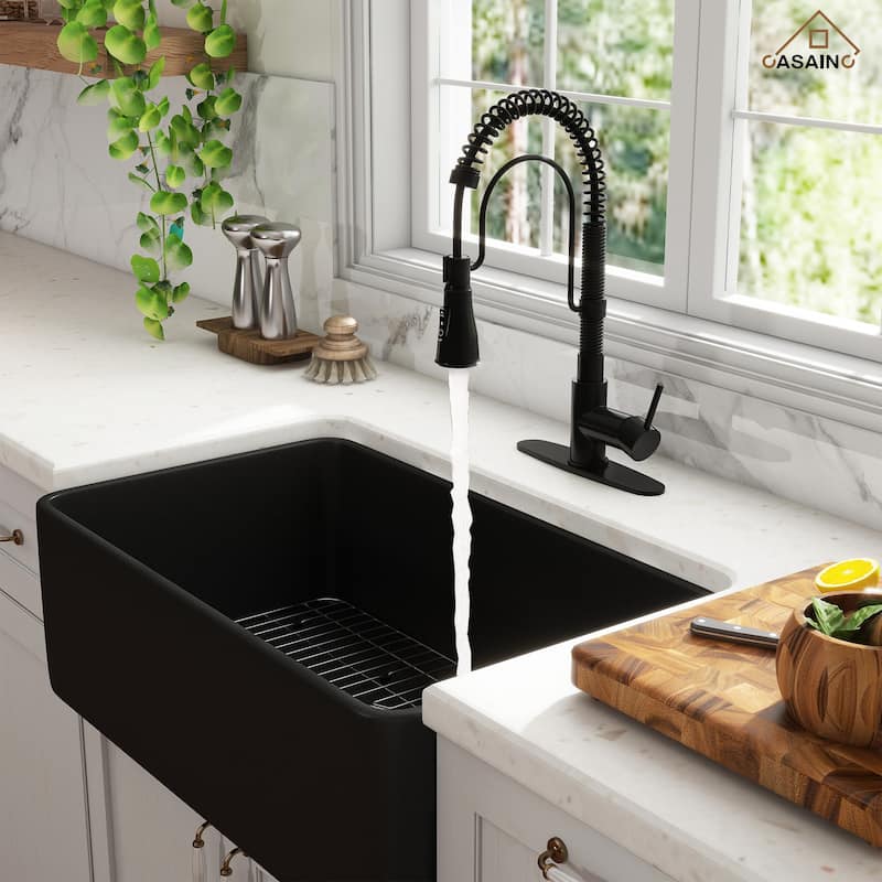 Premium Fireclay Farmhouse/Apron-Front Single Bowl Kitchen Sink with 3-Function Pull-Down Kitchen Faucet Combo