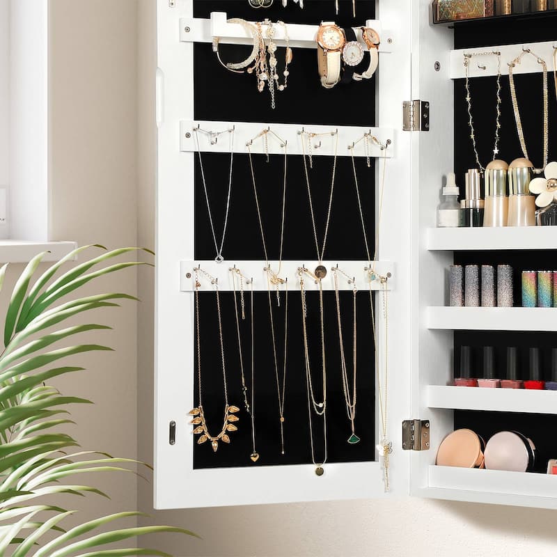 Mirror Jewelry Cabinet Armoire, Lockable Wall-Mounted Storage Organizer Unit with 2 Plastic Cosmetic Storage Trays
