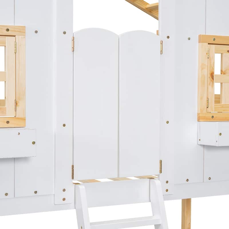 Charming Twin Over Twin House Bunk Bed with Ladder, Roof, and Safety Guardrails - Ideal for Kids' Rooms