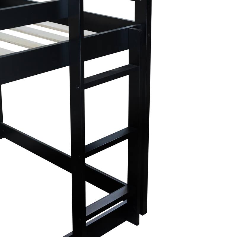 Twin over Twin Rubber Wood Floor Bunk Bed, with ladder,Guardrails,House-Shaped-Bunk Bed