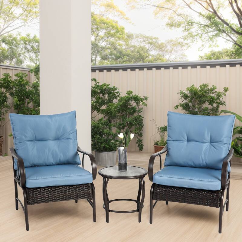 3 Pieces Patio Set Outdoor Wicker Furniture Sets - Blue