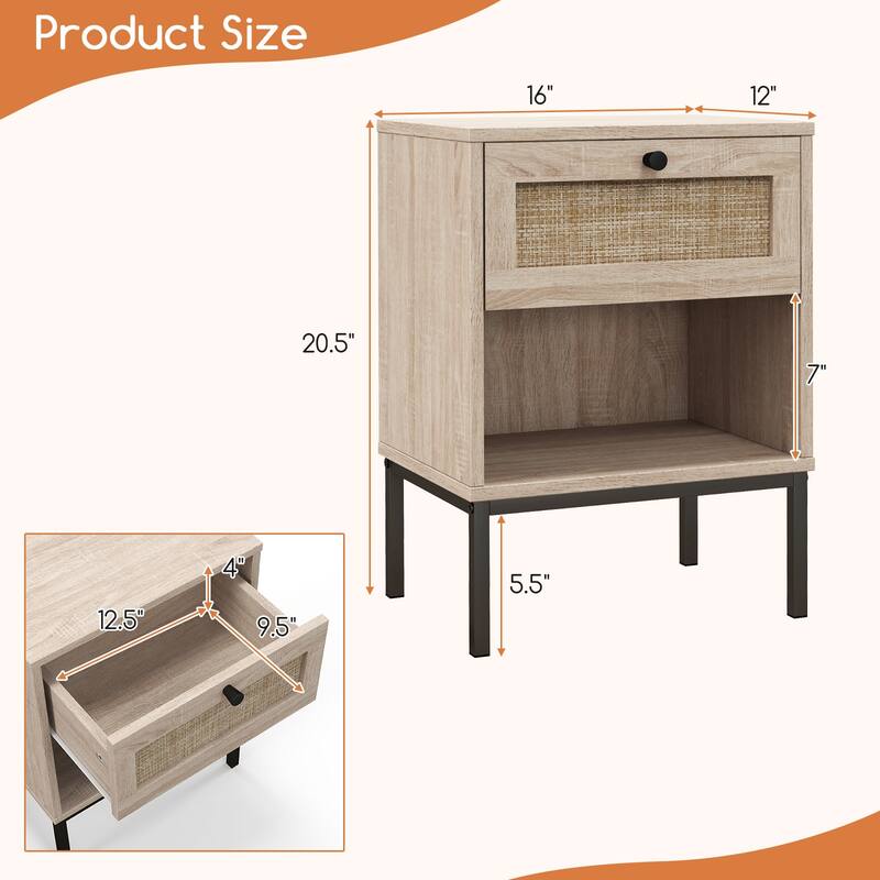 Rattan Nightstand Boho End Table with Rattan Drawer & Open Shelf