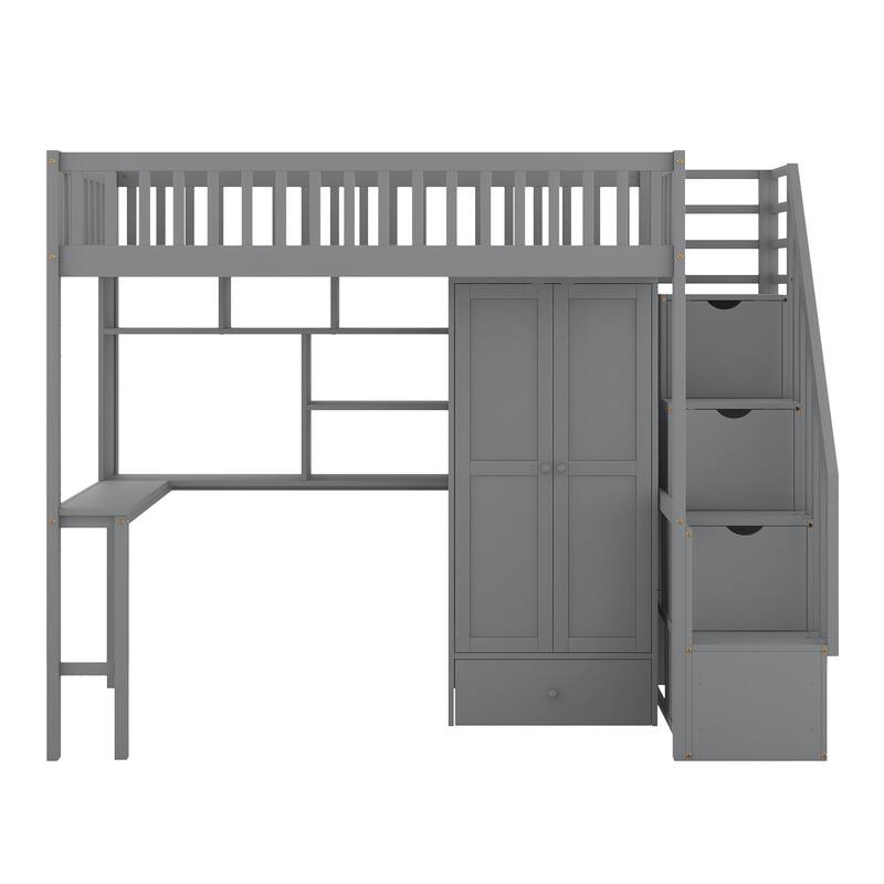 Twin size Loft Bed with Bookshelf,Drawers,Desk,and Wardrobe