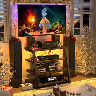 4-Tier Wooden AV Component Media Stand Stereo Cabinet with Power Outlets and LED Lights