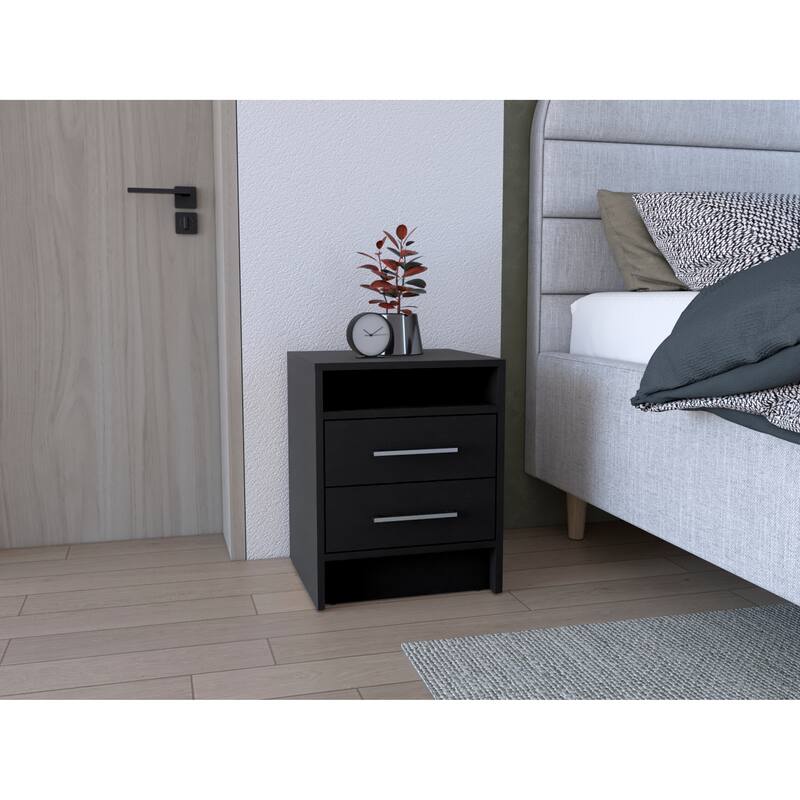 24-Inch Two-Drawer Nightstand with Open Shelf, Modern Design, Easy Assembly - Black