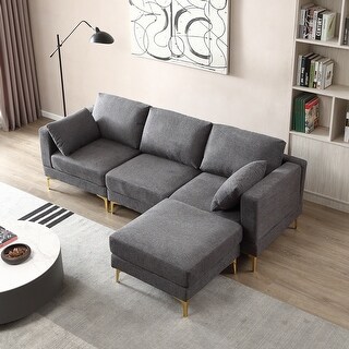 Dark Grey L-Shaped Sectional Sofa with Movable Ottoman, Gold Metal Legs ...