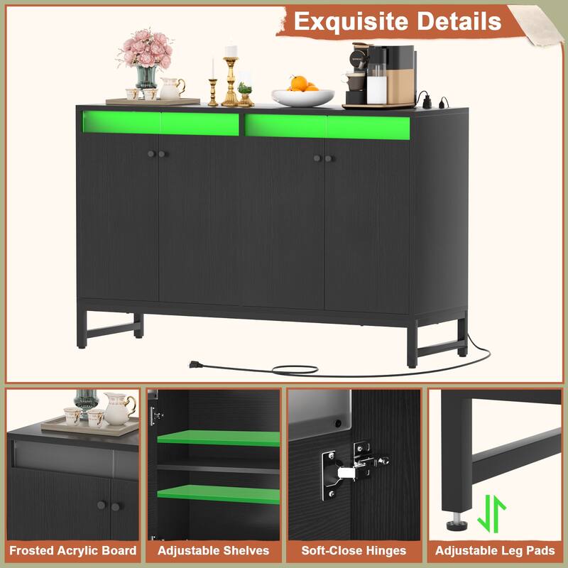 4 Doors Accent Cabinet with Power Outlet, Buffet Cabinet Storage Bar Cabinet with LED Light