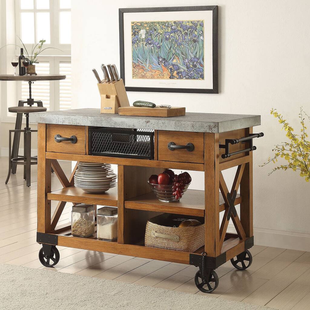 Kailey Wood and Metal Distressed Oak Finish Kitchen Cart