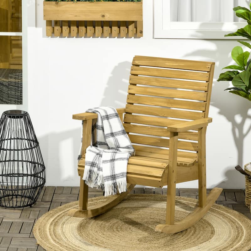 Outdoor Traditional Slatted Wood Rocking Chair with Armrests and High Backrest