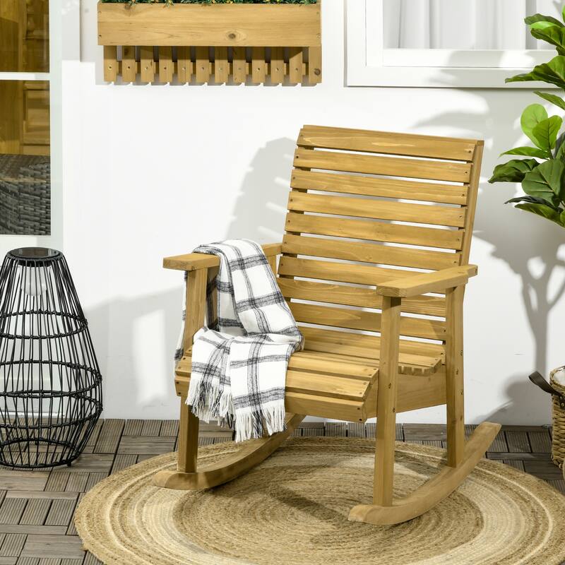 Outsunny Wooden Outdoor Rocking Chairs, Patio Traditional Rocking Chair, Slatted Structure Porch Rocker w/ Armrest - light brown