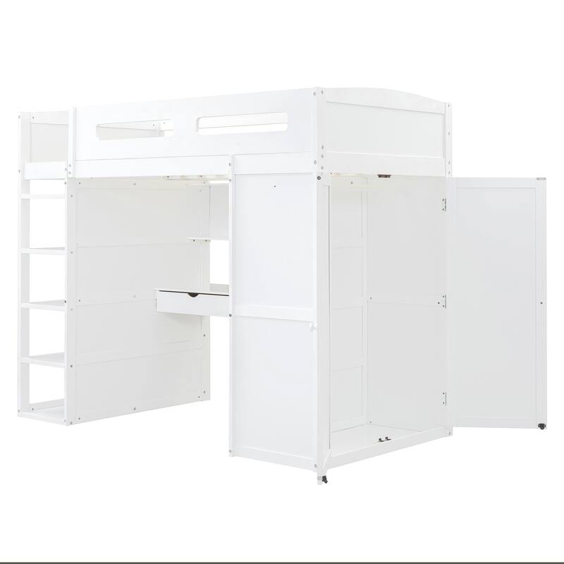 Twin/Full Size Loft Bed with Bulit-in Wardrobes, Desk and 4 Drawers, Solid Wood Loft Bedframe with 4-Tier Storage Shelves