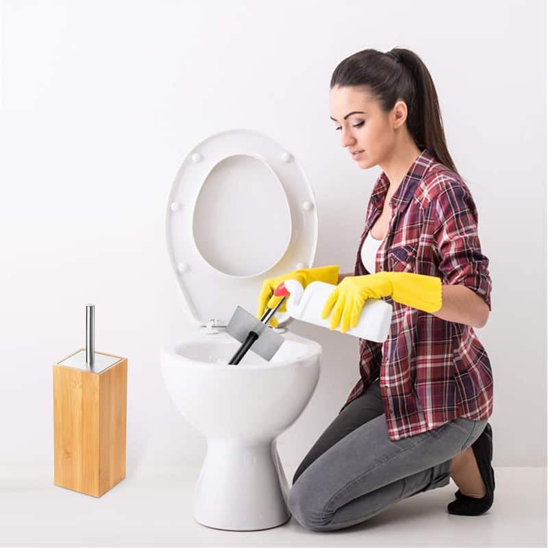 Deluxe Toilet Bowl Brush with Stainless Steel Handle and 100% Bamboo Wooden Holder Cleaning Supplies for Toilet Cleaning (Tall)