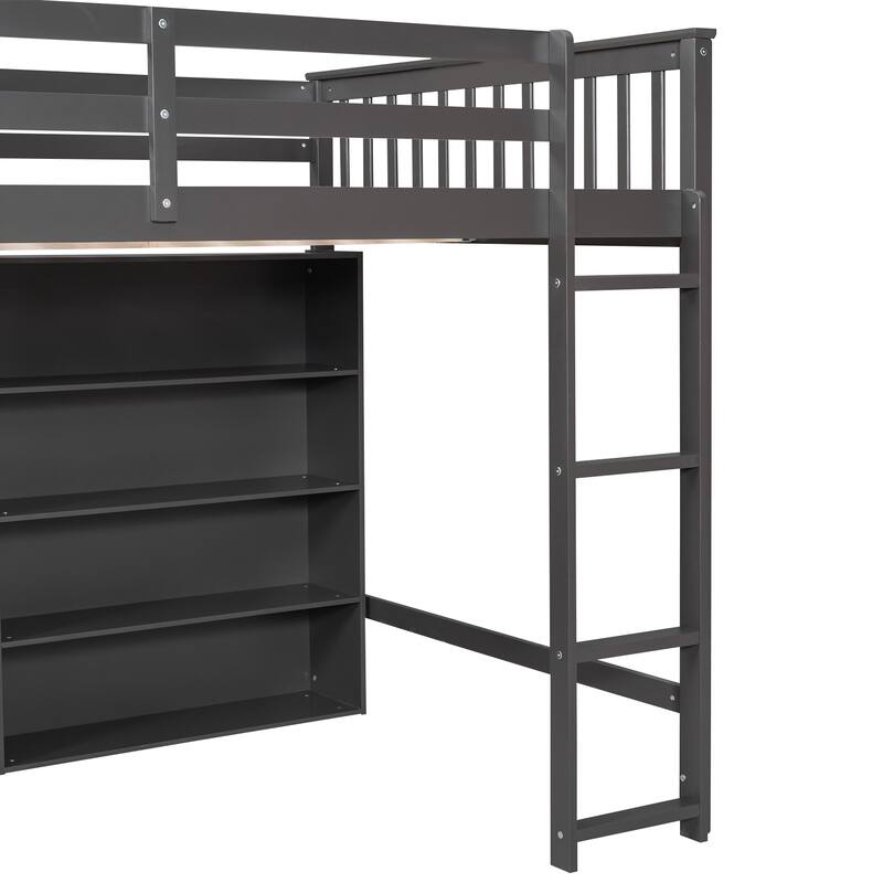 Loft Bed with All-in-One 8 Open Storage Shelf and 4 Step Ladder, Wood Loft Bed Slat Support for Kids Teens