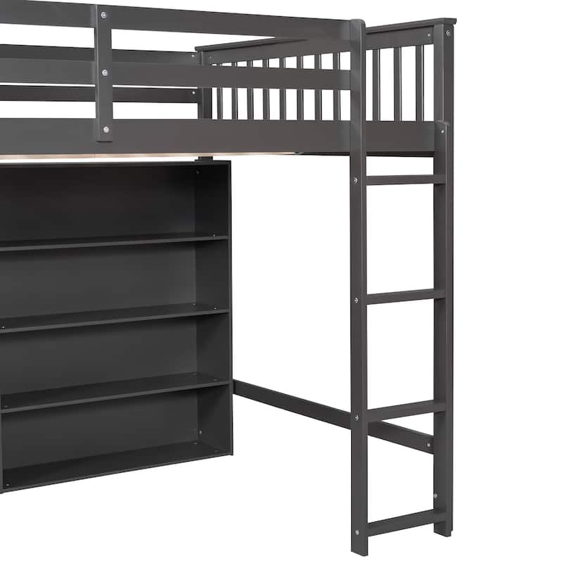 Roomfitters Twin/Full Loft Bed with Built-in Ladder and Eight Open Storage Shelves for Books or Décor