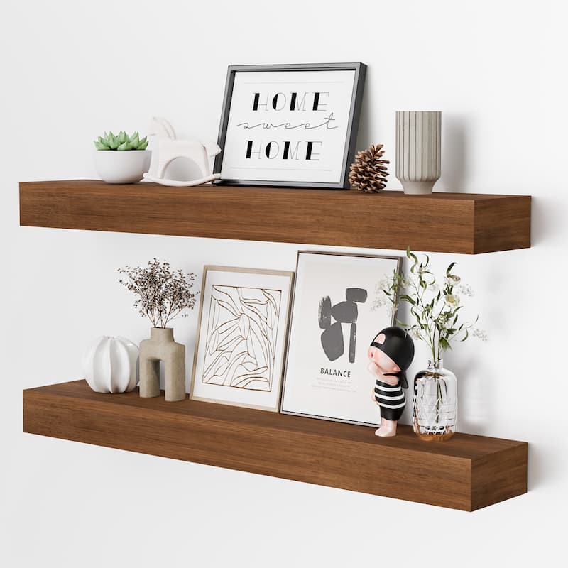 Set of 4 Wooden Floating Wall Shelves for Bathroom, Kitchen, Living Room - Walnut - 24"-Wood