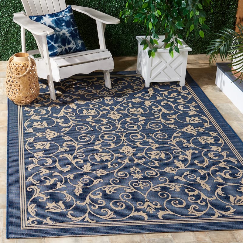 SAFAVIEH Courtyard Miljeta Indoor/ Outdoor Waterproof Patio Backyard Rug - 4' x 5'7" - Navy/Beige