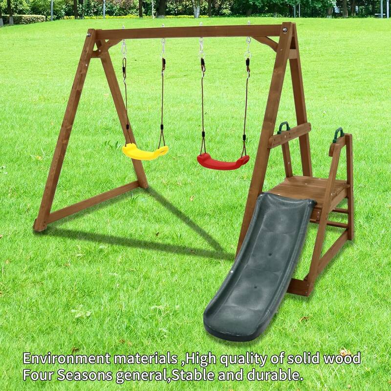 Wood Swing Set w/Slide,Wood Swing Set for Backyard, 2 in 1 Swing Set