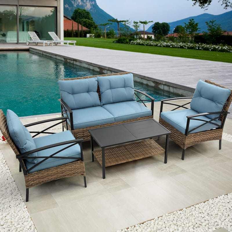 HOMEFUN 4-Piece Rattan/Wicker Outdoor Garden Furniture Corner Sofa Set With Cushions