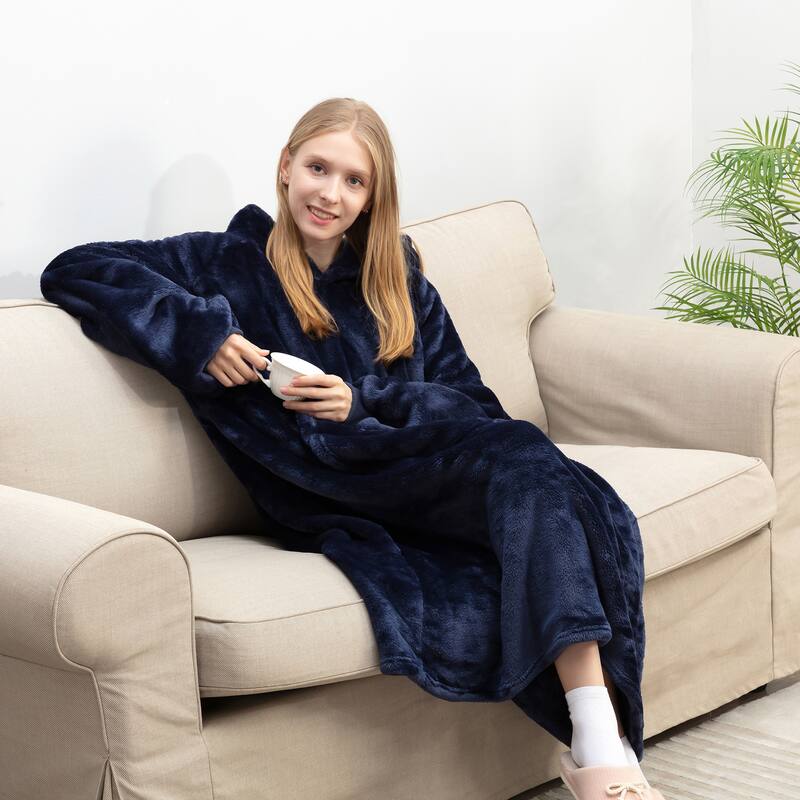 Wearable Blanket Oversized Soft Microplush Hood, Sleeves, Pouch Pocket - Navy