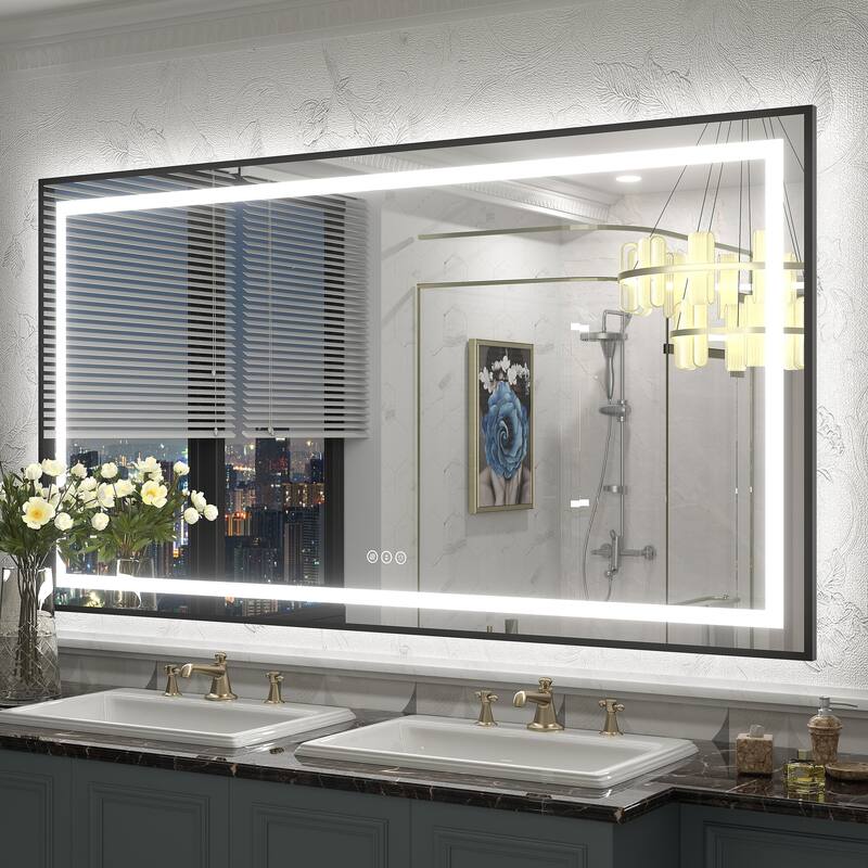 Black Metal Framed LED Front Light and Backlit Anti-Fog Wall Bathroom/ Vanity Mirror - 55" x 30"-Square Corner - Black