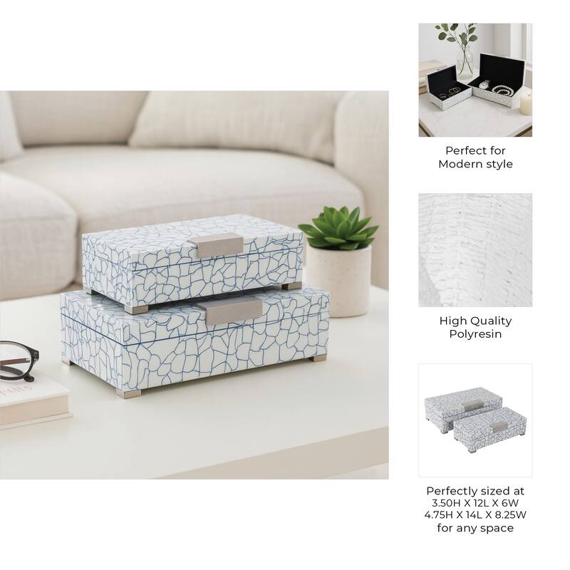 Resin Wood Boxes with Cracked Mosaic Texture (Set of 2) - 5" & 4" Blue - 14" x 8.25" x 4.75"