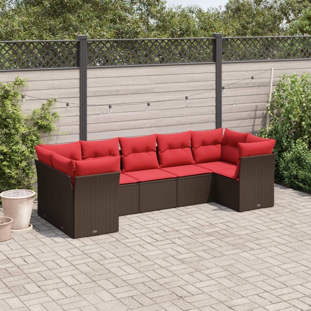 vidaXL 7 Piece Patio Sofa Set with Cushions Brown/Gray Poly Rattan - 21.7 x 24.4 x 27.2