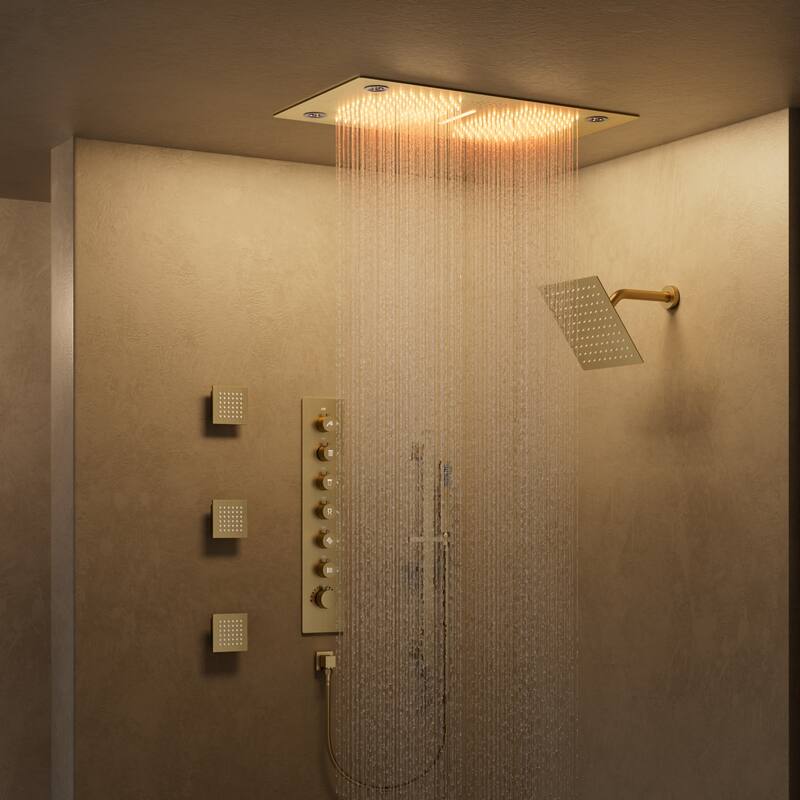 GRANDJOY LED Music Shower System 28"&6" Dual Shower Heads with 3 Body Jets - Brushed Gold