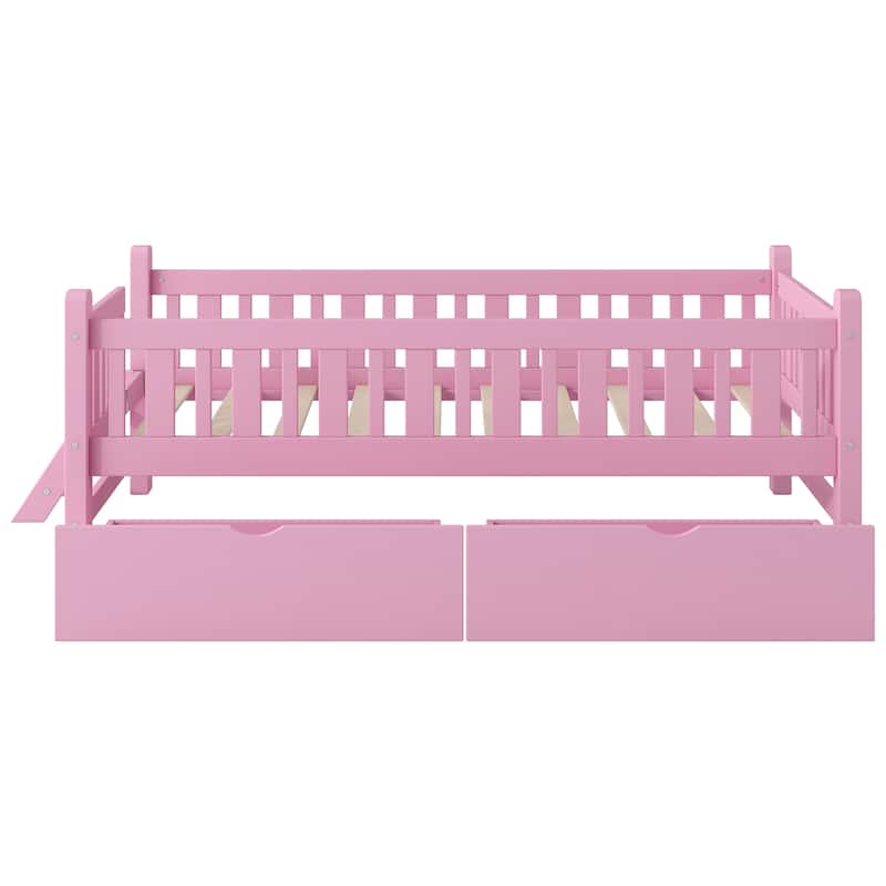 Low Twin Platform with 2 Drawers & Guardrails for Kids Room