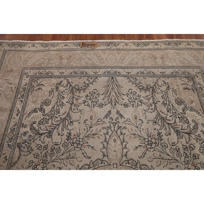 Distressed Tabriz Vintage Persian Rug Hand-Knotted Beige Wool Carpet - 6'6" x 9'11"