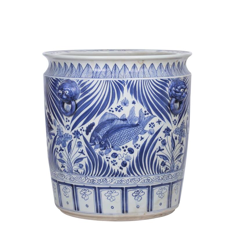 Blue And White Porcelain Fish Planter With Lion Handle